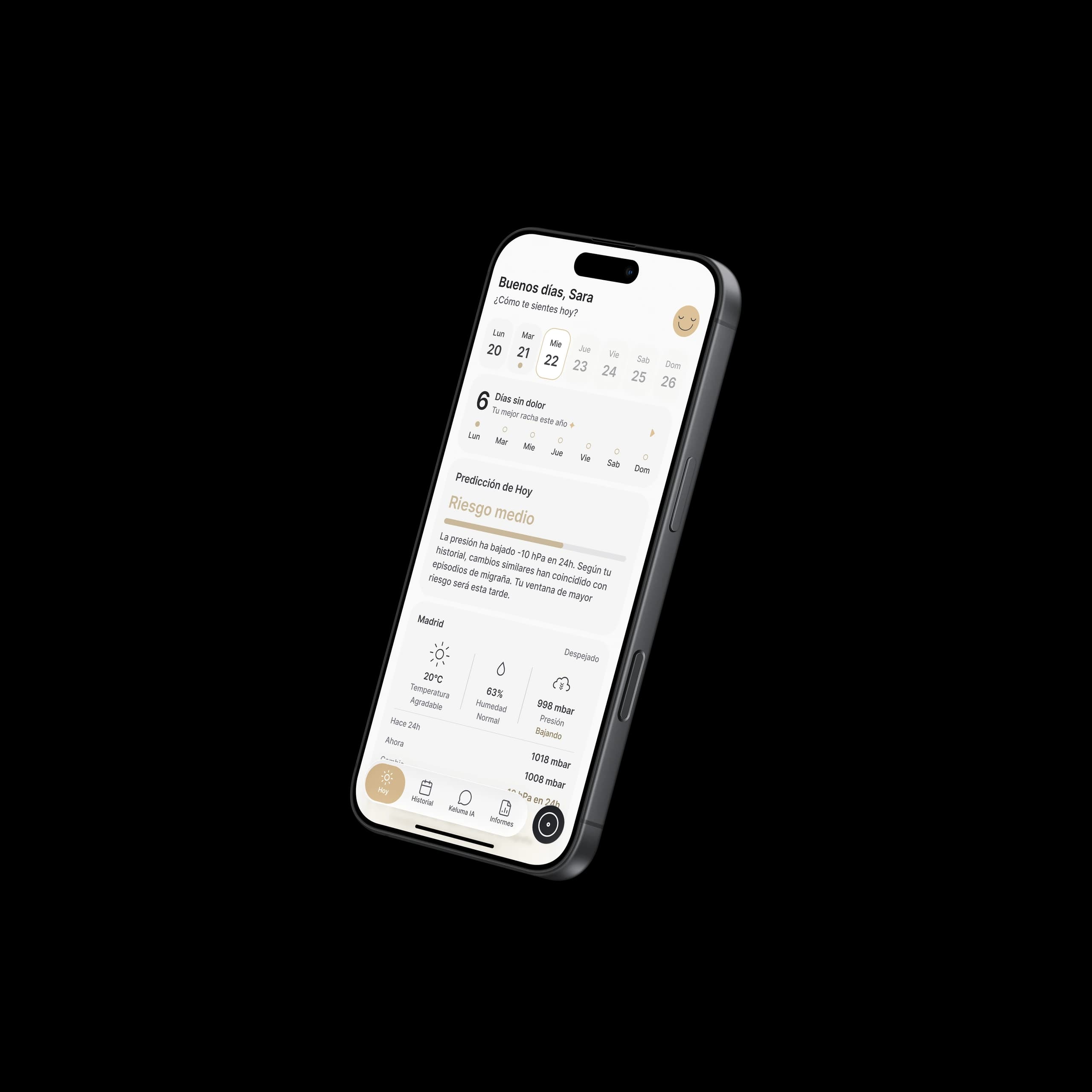 Mockup de Keluma en un iPhone mostrando el registro de una migraña